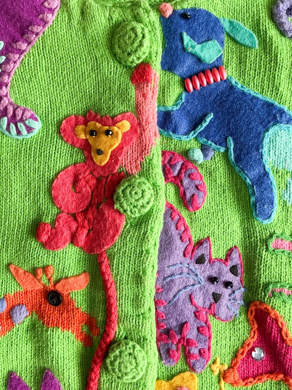 Vtg Michael Simon Animal Cardigan Sweater Bright Green Jungle Safari Knit Sz Med - Picture 4 of 15